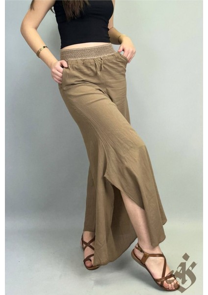 Kadın Bol Paça Pantolon - %100 Pamuk, Astarlı ve Beli Lastikli