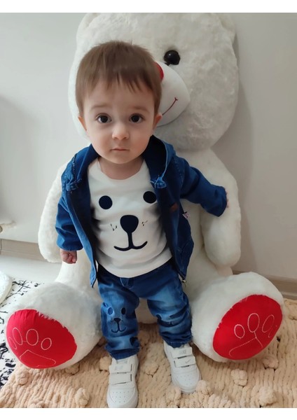 9-12-18-24 Ay Kot Kumaş Kapşonlu Uzun Kol Sweatli Kot Kumaş 3lü Erkek Bebek Takımı Mavi fırsatları