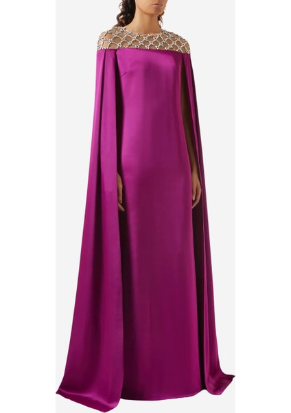 Meliora Mor Saten Cape Detaylı Işıltılı Abiye Elbise