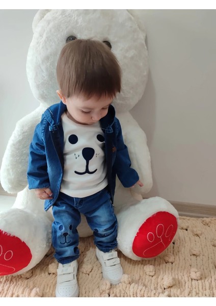 9-12-18-24 Ay Kot Kumaş Kapşonlu Uzun Kol Sweatli Kot Kumaş 3lü Erkek Bebek Takımı Mavi indirimleri