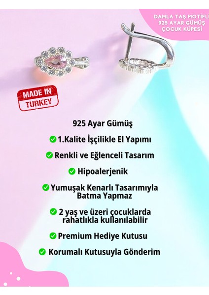 Su Damlası Zirkon Taşlı Gümüş Çocuk Küpe, 925 Ayar Gümüş Kız Çocuk Küpe, J Küpe Çocuk Gümüş Küpe fiyatları