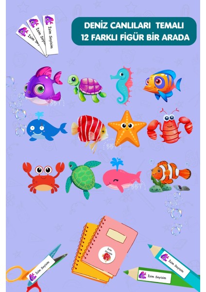 Okyanus Canlıları Temalı Isme Özel Etiket- Defter, Kalem, Kitap Etiketi/okul ETIKETI-186 ADET-E028 fiyatları