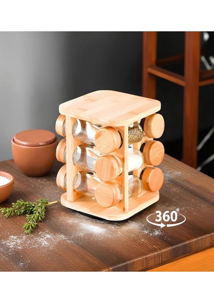Dönen Bambu Baharatlık Seti – 12’li Cam Kavanozlu 360° Ahşap Stand – Baharat Organizer