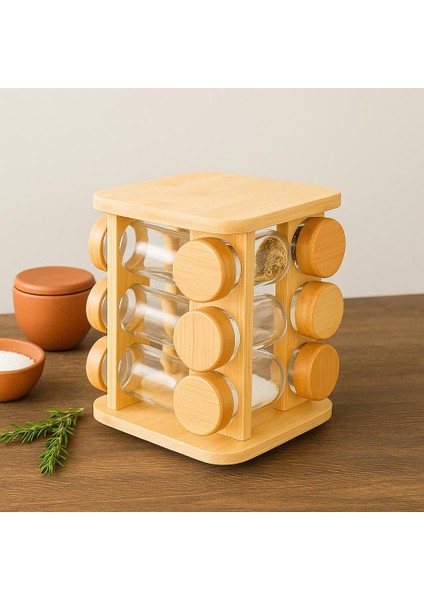 Dönen Bambu Baharatlık Seti – 12’li Cam Kavanozlu 360° Ahşap Stand – Baharat Organizer fiyatları