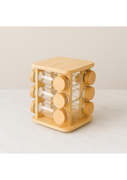 Dönen Bambu Baharatlık Seti – 12’li Cam Kavanozlu 360° Ahşap Stand – Baharat Organizer modelleri