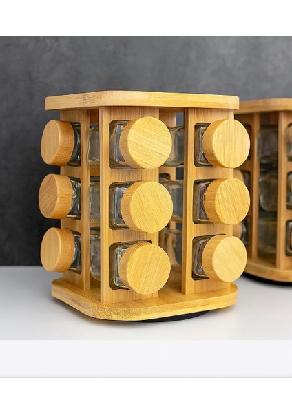 Dönen Bambu Baharatlık Seti – 12’li Cam Kavanozlu 360° Ahşap Stand – Baharat Organizer fırsatları