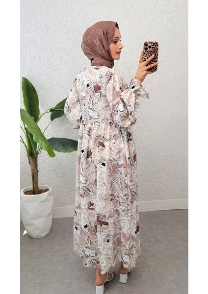 Yandan Bağcık Detaylı Kolları Lastikli Uzun Elbise modelleri