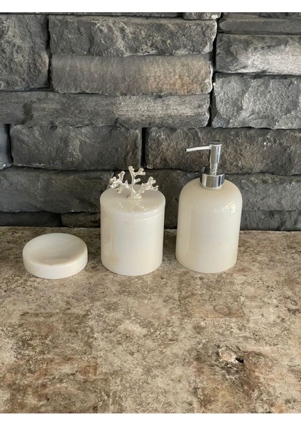 3'lü Beyaz Mermer Doğal Taş Sabunluk ve Makyaj Pamukluğu Seti