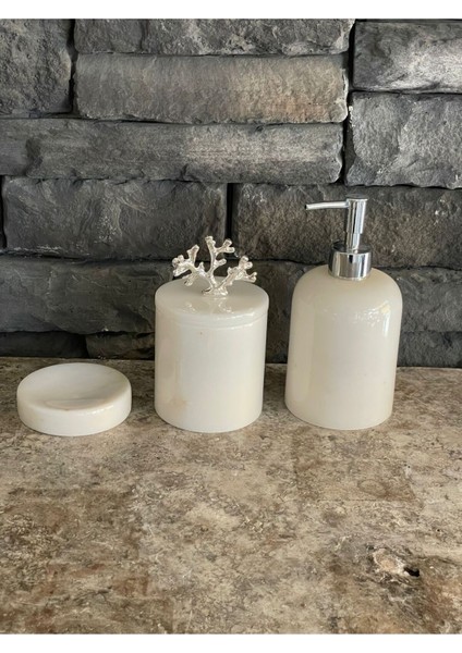 3'lü Beyaz Mermer Doğal Taş Sabunluk ve Makyaj Pamukluğu Seti fiyatları