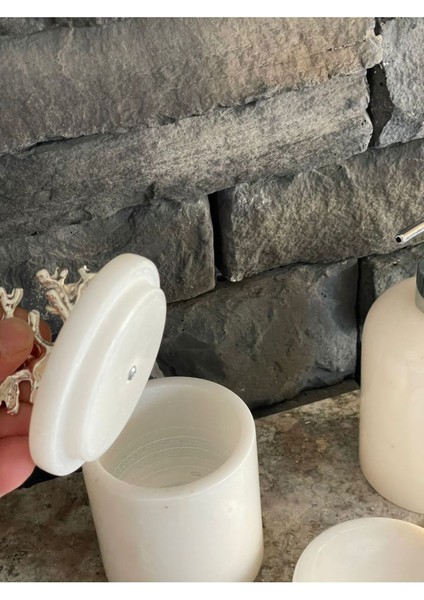 3'lü Beyaz Mermer Doğal Taş Sabunluk ve Makyaj Pamukluğu Seti