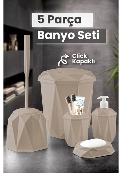 Kahverengi 5 Parça Banyo Seti, Dekoratif Fırçalık, Sabunluk, Çöp Kovası, Fırça Seti