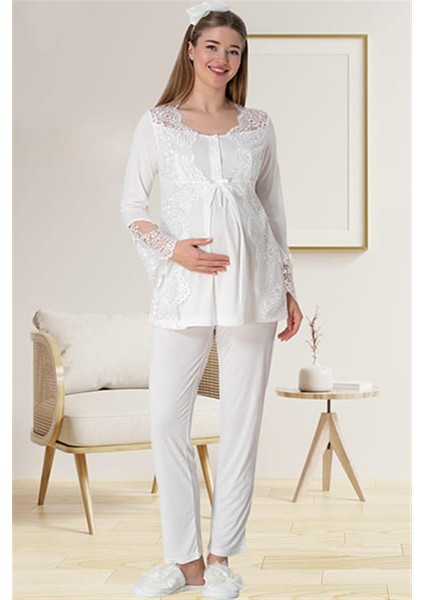 Mecit 5015 Dantelli Ekru Lohusa Pjama Takımı