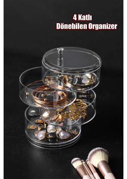 4 Katlı Dönebilen Takı ve Makyaj Organizer Çok Amaçlı Düzenleyici Kozmetik Organizer Şeffaf Funtex