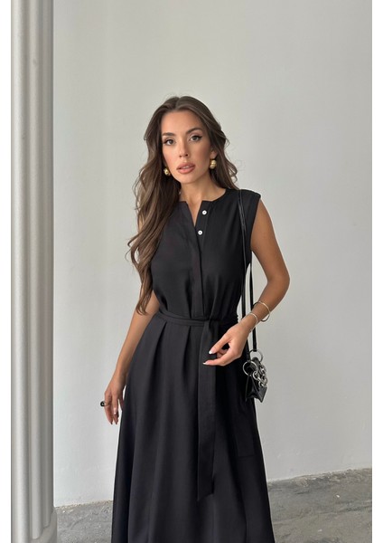Keten Elbise Kolsuz Bel Bağlamalı Maxi Elbise - Siyah fiyatları