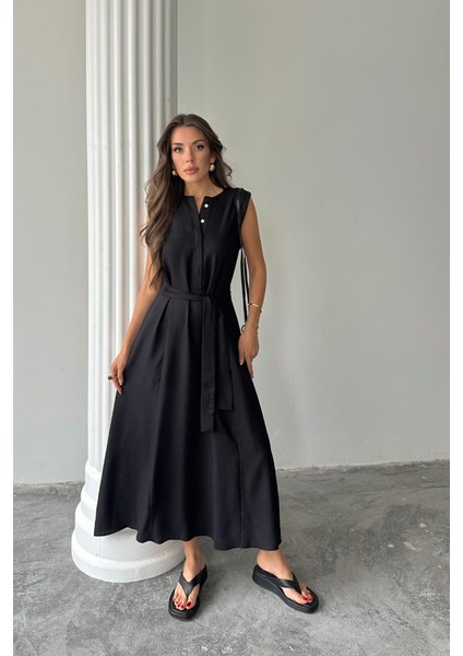 Keten Elbise Kolsuz Bel Bağlamalı Maxi Elbise - Siyah fırsatları