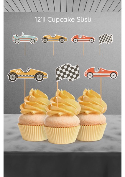 Retro Araba Temalı 12’li Cupcake Süsü (Arabalı Doğum Günü Konsepti - Doğum Günü Süsü)