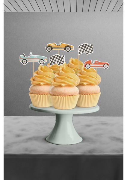 Retro Araba Temalı 12’li Cupcake Süsü (Arabalı Doğum Günü Konsepti - Doğum Günü Süsü) modelleri