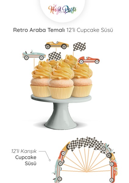 Retro Araba Temalı 12’li Cupcake Süsü (Arabalı Doğum Günü Konsepti - Doğum Günü Süsü) fırsatları