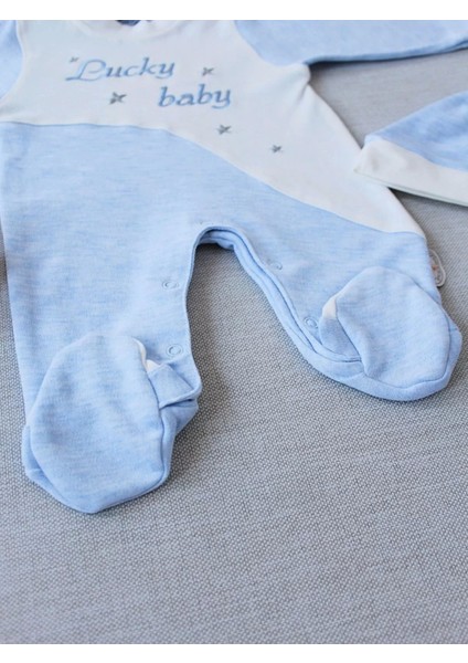 0-3 3-6 Ay Lucky Baby Nakışlı Es Çizgi Boy Şapkalı Erkek Bebek Tulumu Mavi modelleri