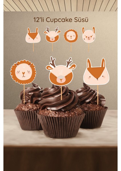Boho Baby Natural Sevimli Hayvan Figürlü 12’li Cupcake Süsü