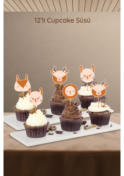 Boho Baby Natural Sevimli Hayvan Figürlü 12’li Cupcake Süsü modelleri