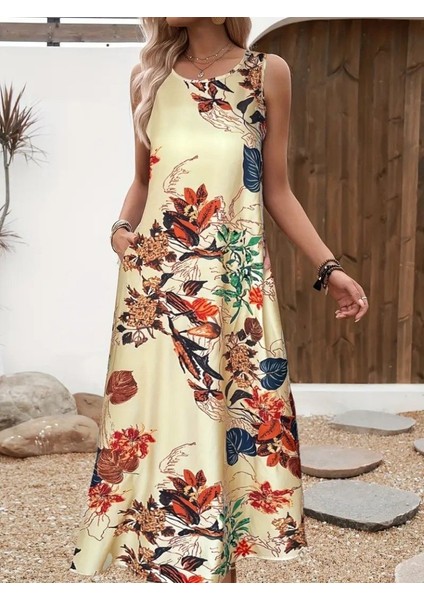 Kadın Askılı Yuvarlak Yaka Cepli Desenli Süprem Elbise