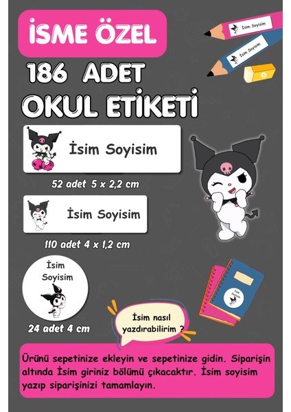 Kitap Kalem Defter Etiketi - İsme Özel Yazılabilen Etiketler- 186 Adet/ Kuromi -E021 / Okul Etiketi fırsatları
