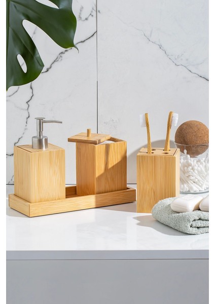 3'lü Bambu Banyo Seti, Standlı, Kahverengi, Şık ve Doğal Tasarım