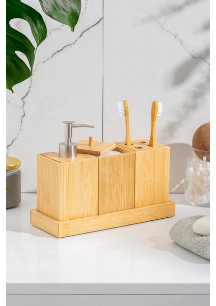 3'lü Bambu Banyo Seti, Standlı, Kahverengi, Şık ve Doğal Tasarım fiyatları