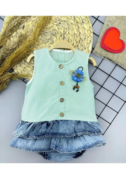 6-9-12-18 Ay Gül Rozet Detaylı Kot Kilotlu Etek Kız Bebek Elbisesi Yeşil