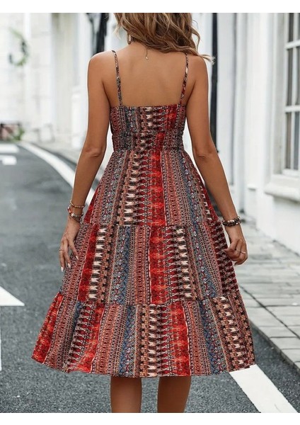 Kadın Ip Askılı V Yakalı Bağcıklı Beli Lastikli Desenli Süprem Elbise fiyatları