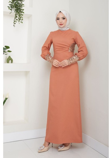 Kadın Giyim Abiye Moda Pul Aplikeli Incili Uzun Tesettür Abiye Elbise 2553