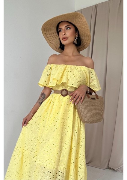 Sarı Omzu Lastikli Brode Elbise fiyatları