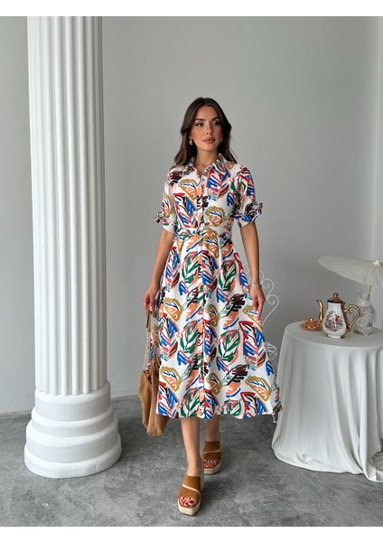 Boydan Düğmeli Yaprak Desenli Kemerli Midi Elbise