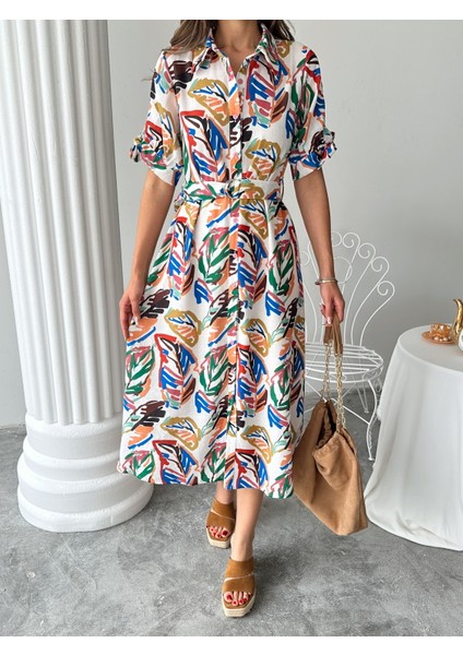 Boydan Düğmeli Yaprak Desenli Kemerli Midi Elbise fiyatları