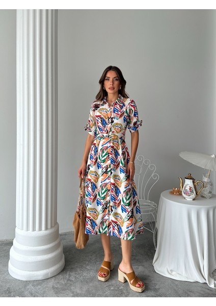 Boydan Düğmeli Yaprak Desenli Kemerli Midi Elbise modelleri