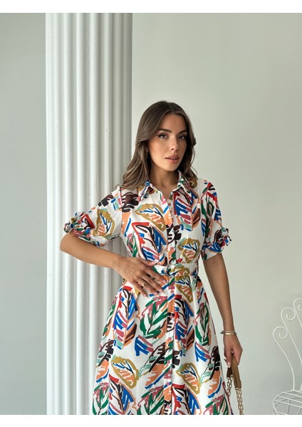 Boydan Düğmeli Yaprak Desenli Kemerli Midi Elbise indirimleri