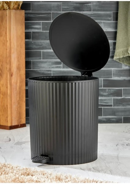 Yuvarlak Pedallı Çöp Kovası, Çizgili Kapaklı, Banyo ve Mutfak Için, Gri Renk