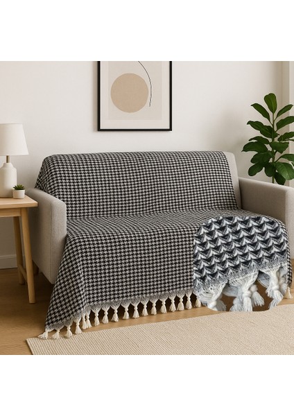%100 Geri Dönüştürülmüş Iplikten Üretilmiş Armürlü Yatak Örtüsü / Pike / Koltuk Örtüsü – Düğüm Saçaklı – 200X230 cm