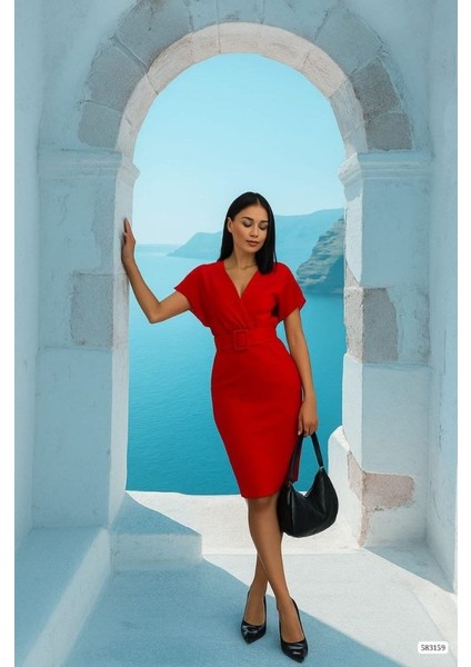 Kadın Dalgıç Krep V Yaka ve Sırt Dekolte Detaylı Elbise