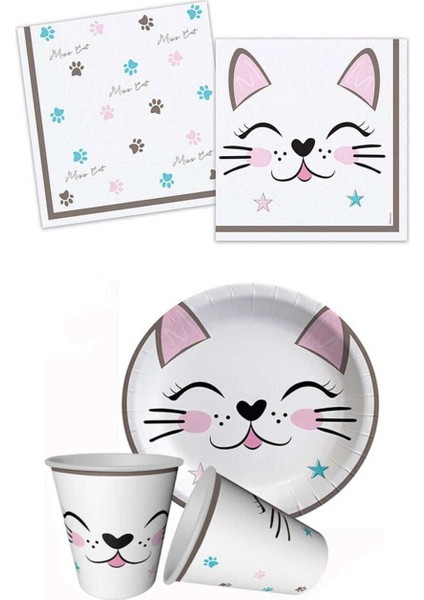 Yeşil Kedi Temalı Doğum Günü Parti Seti, Tabak, Bardak, Peçete, Renkli ve Eğlenceli
