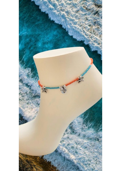 Bohem Tarz Boncuklu Halhal – Deniz Yıldızı ve Deniz Kabuğu Charm’lı, Turuncu-Mavi