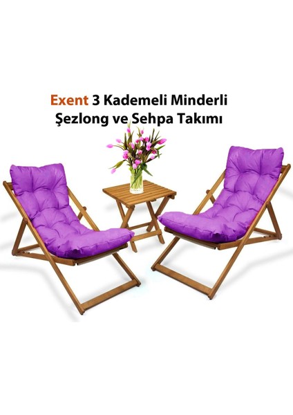 3 Kademeli Minderli Şezlong ve Sehpa Seti-Mor