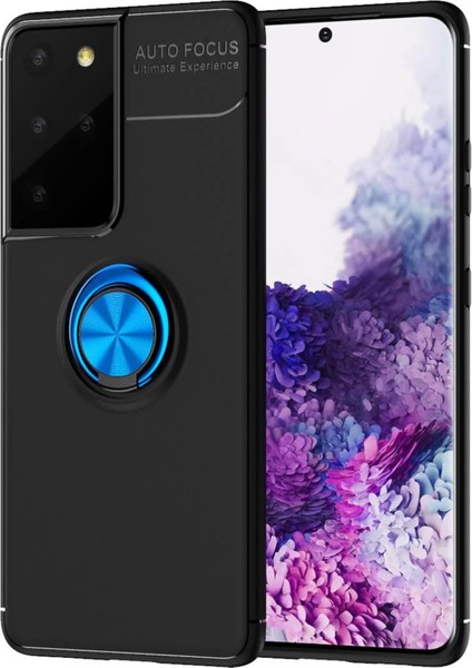 Samsung Galaxy S21 Ultra Kılıf Range Yüzüklü Silikon - Siyah-Mavi Arbkd