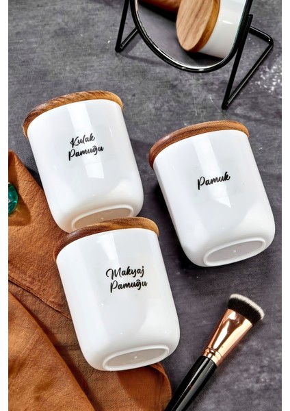 3'lü Ahşap Kapaklı Damla Akrilik Kulak Pamuğu ve Makyaj Temizleme Seti