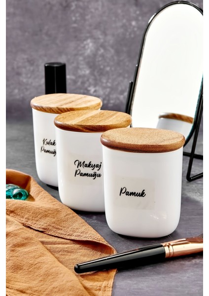 3'lü Ahşap Kapaklı Damla Akrilik Kulak Pamuğu ve Makyaj Temizleme Seti fiyatları