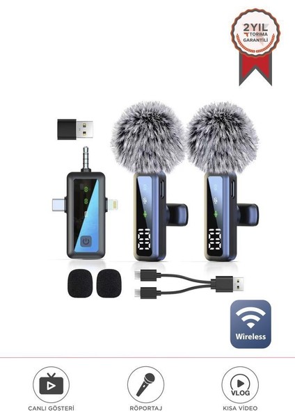 H68 Type-C + Lightning + Aux 2li 3in1 Kablosuz Yaka Mikrofonu
