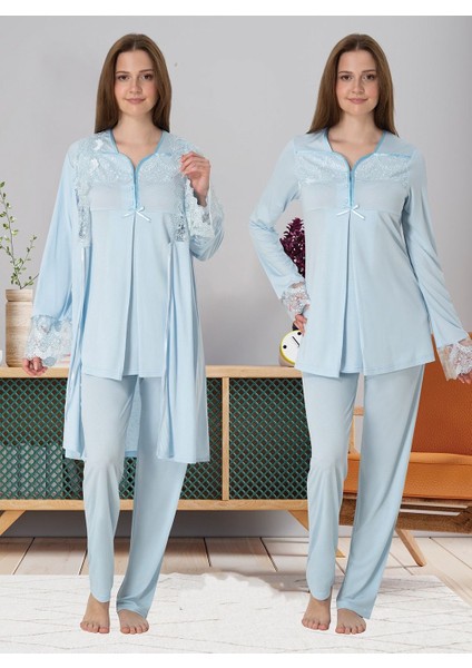Dvina Effortt Lohusa Sabahlıklı Pijama Takımı Mavi - 4084