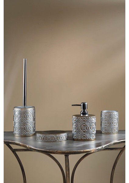 Gri 4 Parça Banyo Seti, Sıvı ve Katı Sabunluk, Diş Fırçalık, Tuvalet Fırçası