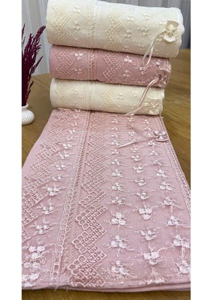 50X90 4'lü Pamuklu Kadife Güpürlü Fiyonklu Desenli Havlu Bej